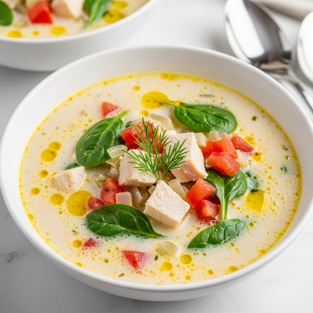 A creamy soup is shown in a white bowl, filled with layers of white and pale yellow broth with visible drops of oil on the surface. Inside the soup are soft chunks of white chicken, small diced red tomatoes, and vivid green spinach leaves and herbs, giving it a fresh look. A small sprig of green dill is placed neatly in the middle on top of the soup. The bowl is set on a white marbled surface with a blurred background where another similar bowl can be seen, along with two spoons. The texture of the soup looks smooth but thick with fresh ingredients mixed in. photo taken with an iphone --ar 4:5 --v 7
