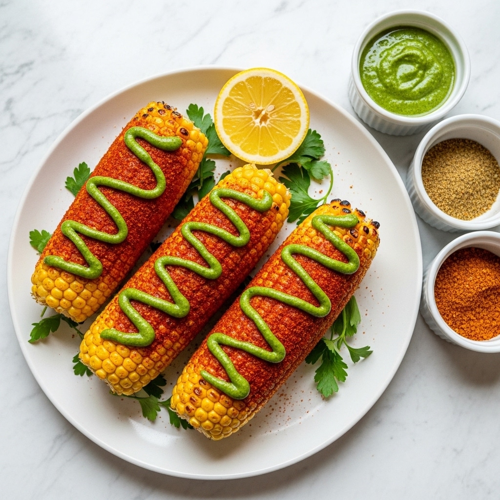 Four grilled corn on the cob are placed on a white plate with some green leafy parsley underneath them. Each corn is coated with red spice powder and topped with green sauce in a zigzag pattern. A half lemon with visible pulp sits on the top right side of the plate. Two small bowls, one with green sauce and the other with a brown spice mix, are placed on a white marbled surface next to the plate. Photo taken with an iphone --ar 4:5 --v 7