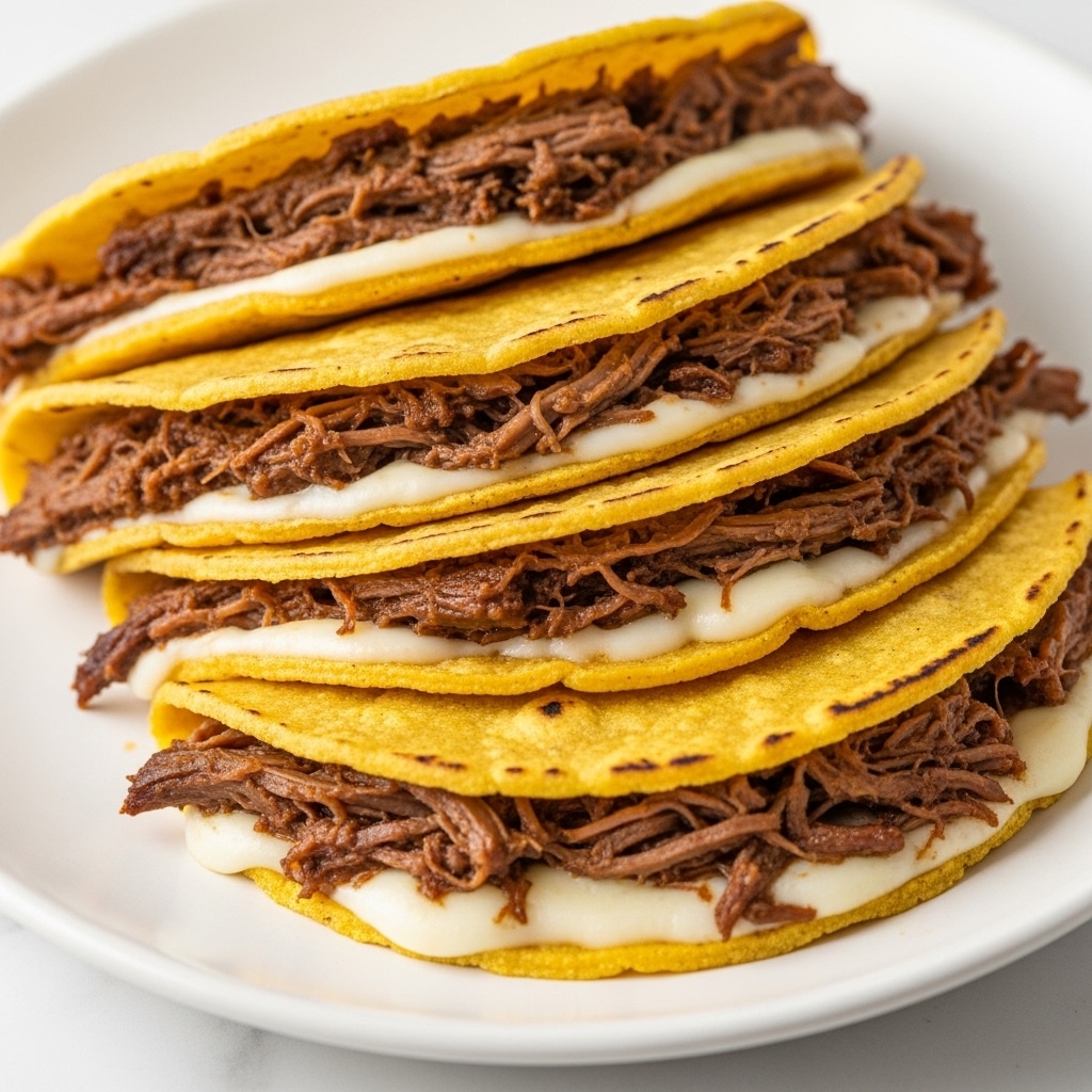 The image shows a white plate with three folded tacos stacked on top of each other. Each taco has a bright yellow, slightly charred corn tortilla that appears soft and pliable. Inside the tacos, there is a generous layer of melted white cheese on the bottom, which looks creamy and slightly gooey. Above the cheese, there is a thick layer of shredded dark brown meat that looks tender and juicy with visible strands of beef. The tacos are placed closely together, showing the texture and colors of the tortillas, cheese, and meat in clear detail. The plate sits on a white marbled surface. photo taken with an iphone --ar 4:5 --v 7