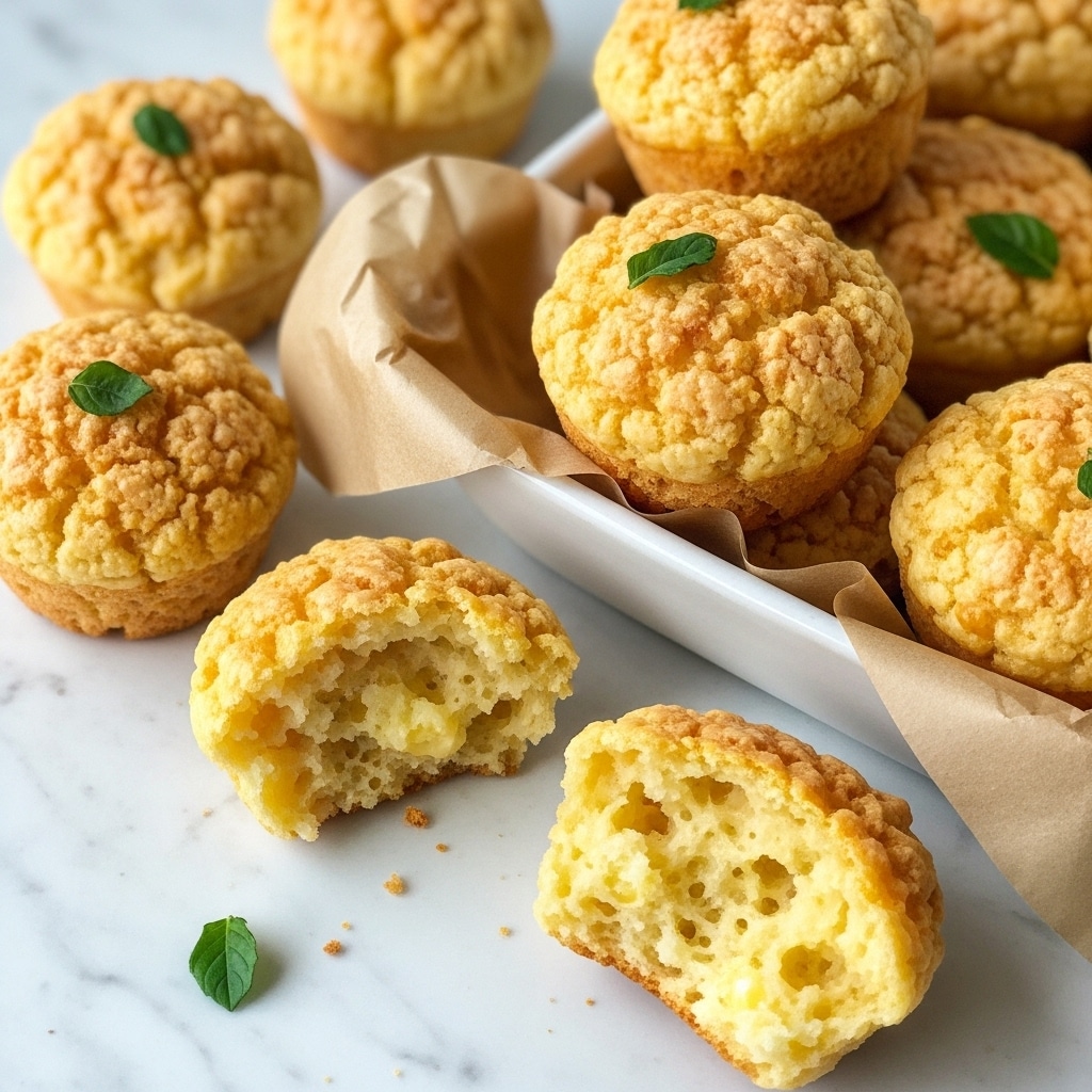 A close-up view of golden brown cheese muffins with a rough, crispy top texture and scattered green herb leaves on some, placed in a white-lined baking dish filled with brown paper. Around the dish on a white marbled surface, there are a few muffins sitting loose and one broken open, showing a soft, fluffy inside with a light yellow color and small bits of melted cheese. The cheese muffins are round and slightly puffy, showing a well-baked, uneven crust. Photo taken with an iphone --ar 4:5 --v 7