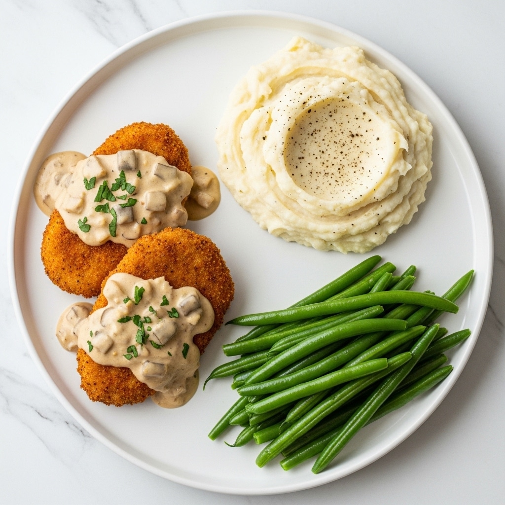 A round white plate holds three food sections on a white marbled textured surface: on the left side, two golden brown breaded chicken cutlets topped with a creamy light beige sauce and garnished with small green herb pieces; on the top right, a mound of creamy mashed potatoes, pale white with a smooth texture and black pepper sprinkled on top; on the bottom right, bright green cut green beans arranged neatly. photo taken with an iphone --ar 4:5 --v 7