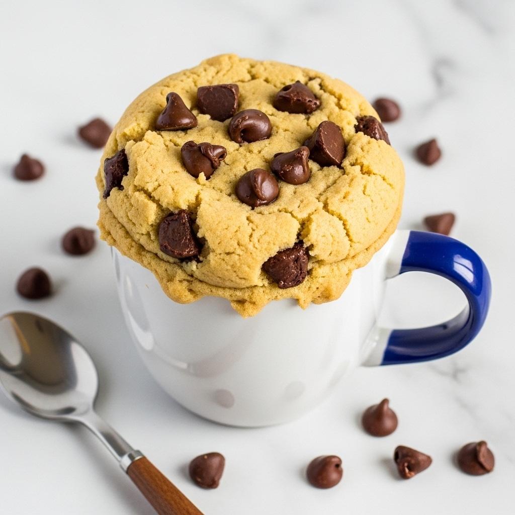 The image shows a white mug filled with a thick, light golden cookie dough topped with large, uneven chocolate chunks scattered on top and slightly melted into the dough. The cookie dough rises just above the mug rim with a soft, slightly cracked surface. The mug has a dark blue handle, and it sits on a white marbled surface with several similar chocolate chunks scattered around it. A spoon with a wooden handle lies nearby. photo taken with an iphone --ar 4:5 --v 7