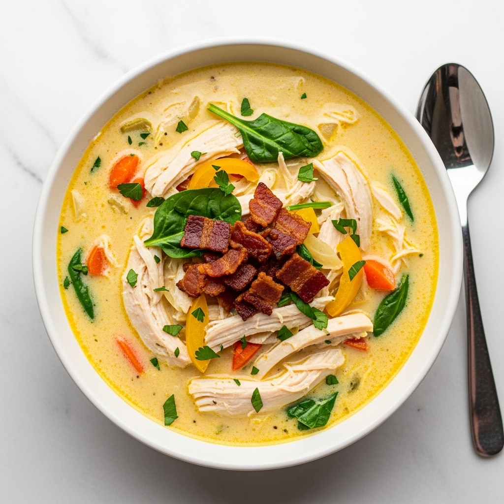 This image shows a bowl filled with creamy chicken soup. The soup has a light yellow creamy broth base with pieces of white shredded chicken layered throughout. There are bits of orange and green vegetables, including spinach leaves and bell peppers, scattered inside. Crispy bacon bits sit in the middle on top, with some green herbs sprinkled over all. The soup is served in a round white bowl placed on a white marbled surface. A silver spoon lies to the right side of the bowl. photo taken with an iphone --ar 4:5 --v 7