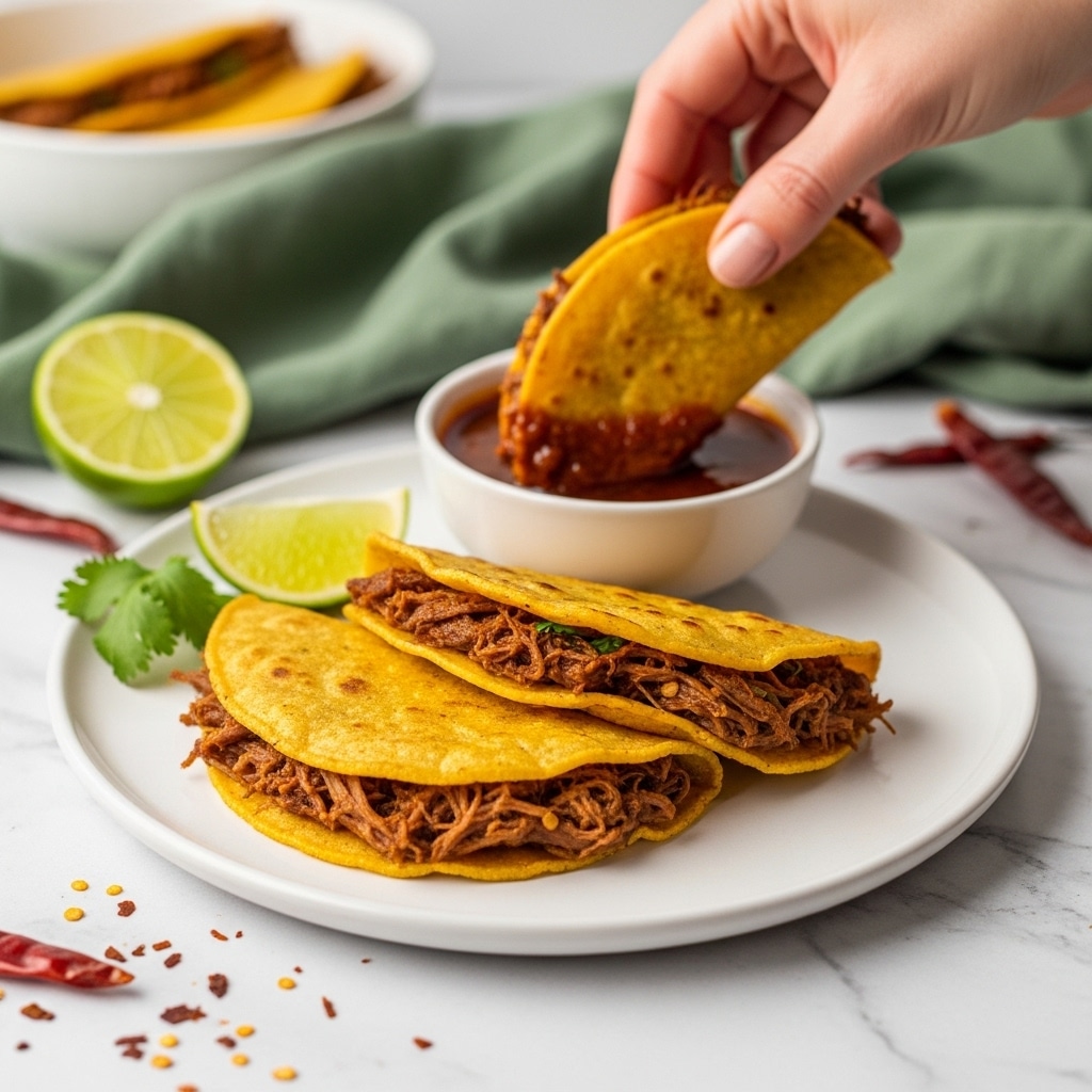 The image shows two folded golden yellow tacos filled with shredded dark brown meat placed on a white plate. The tacos are soft and slightly crispy on the edges. Behind the plate, a woman's hand is dipping one taco into a small round bowl filled with dark red sauce. A green lime wedge and a small piece of cilantro sit on the plate beside the tacos. The scene is set on a white marbled surface with scattered red chili flakes, a green cloth, and a half lime in the background. Photo taken with an iphone --ar 4:5 --v 7