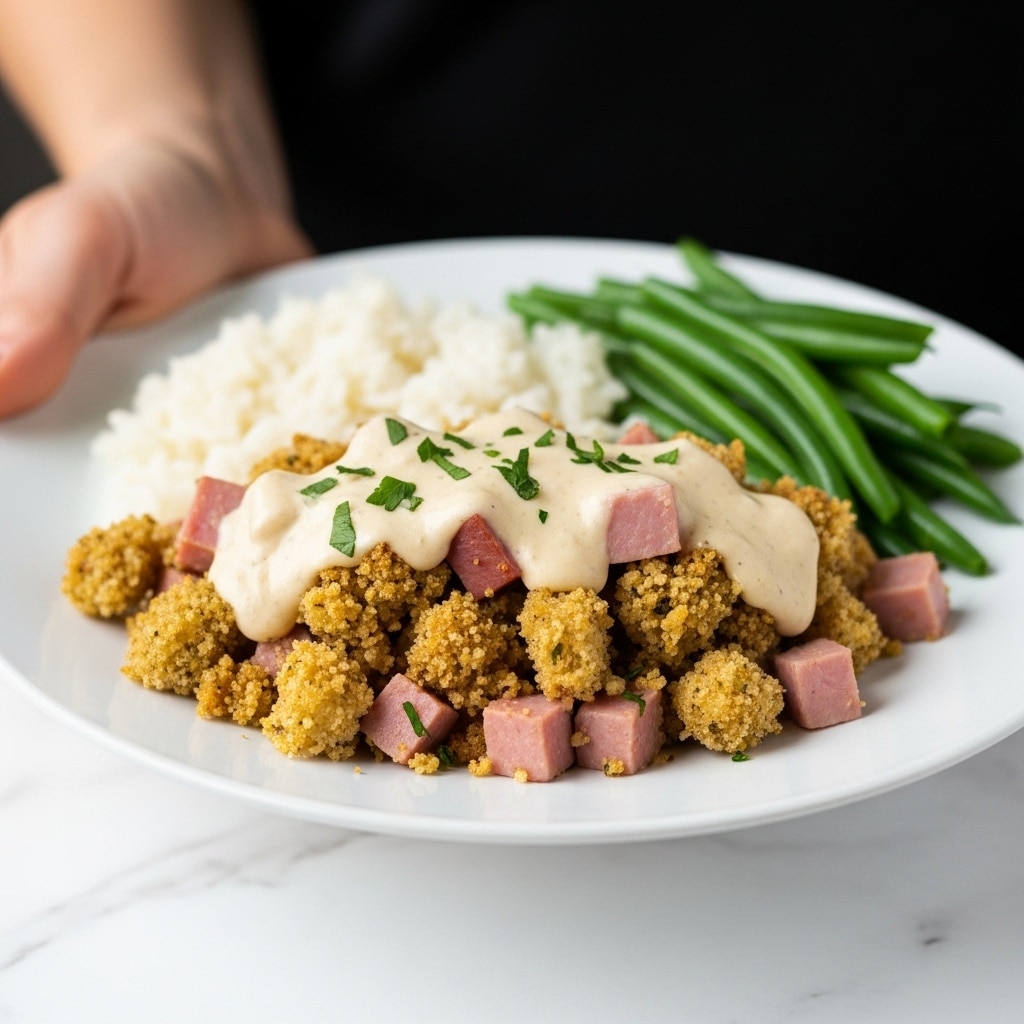 The dish on a white plate has three main layers: the front shows a crumbly mixture of golden-brown bread crumbs with chunks of pink ham, covered with a creamy white sauce and sprinkled with small green herbs. Behind this mixture, there is a layer of fluffy white rice with a soft texture. On the right side, there are green beans offering a fresh, smooth green contrast. The plate is held by a woman's hand against a dark background, and the whole scene is set on a white marbled surface. photo taken with an iphone --ar 4:5 --v 7
