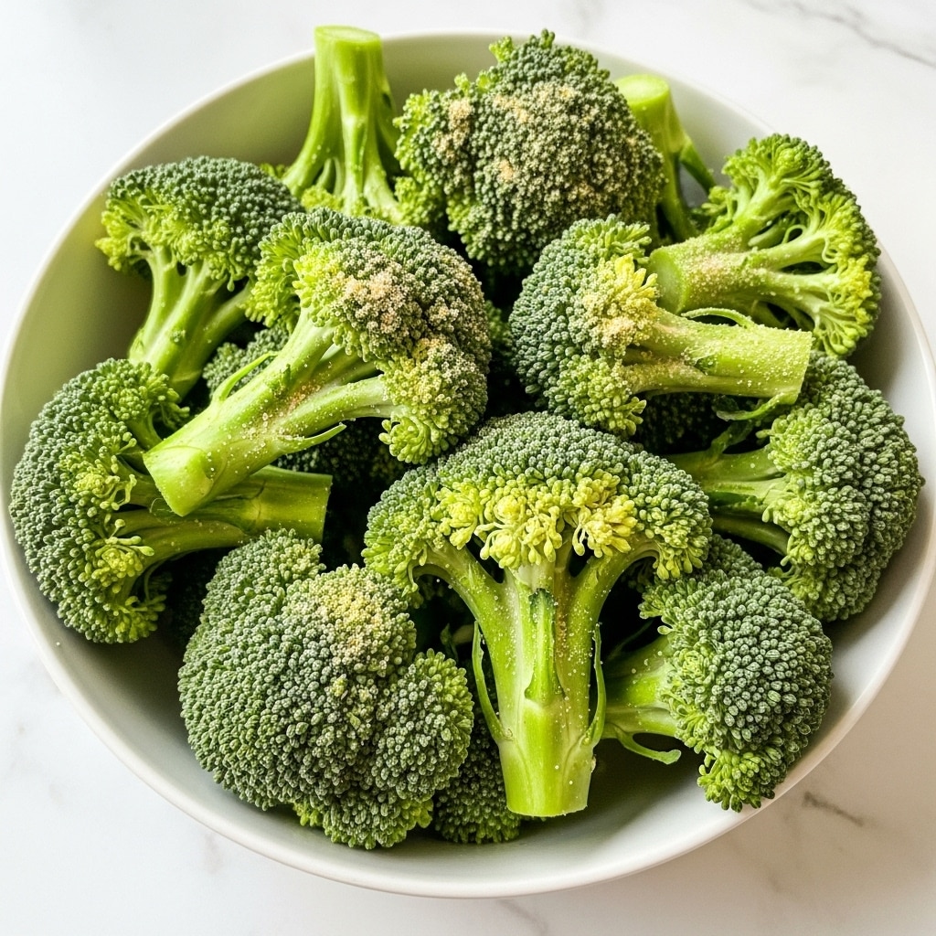 A white bowl filled with bright green broccoli florets piled high, each piece coated lightly with a grainy, pale yellow powder that looks like seasoning or cheese. The broccoli shows a mix of small buds and thick stalks, giving a fresh and textured look. The bowl sits on a white marbled surface with soft natural light highlighting the vibrant colors and textures of the broccoli. Photo taken with an iphone --ar 4:5 --v 7