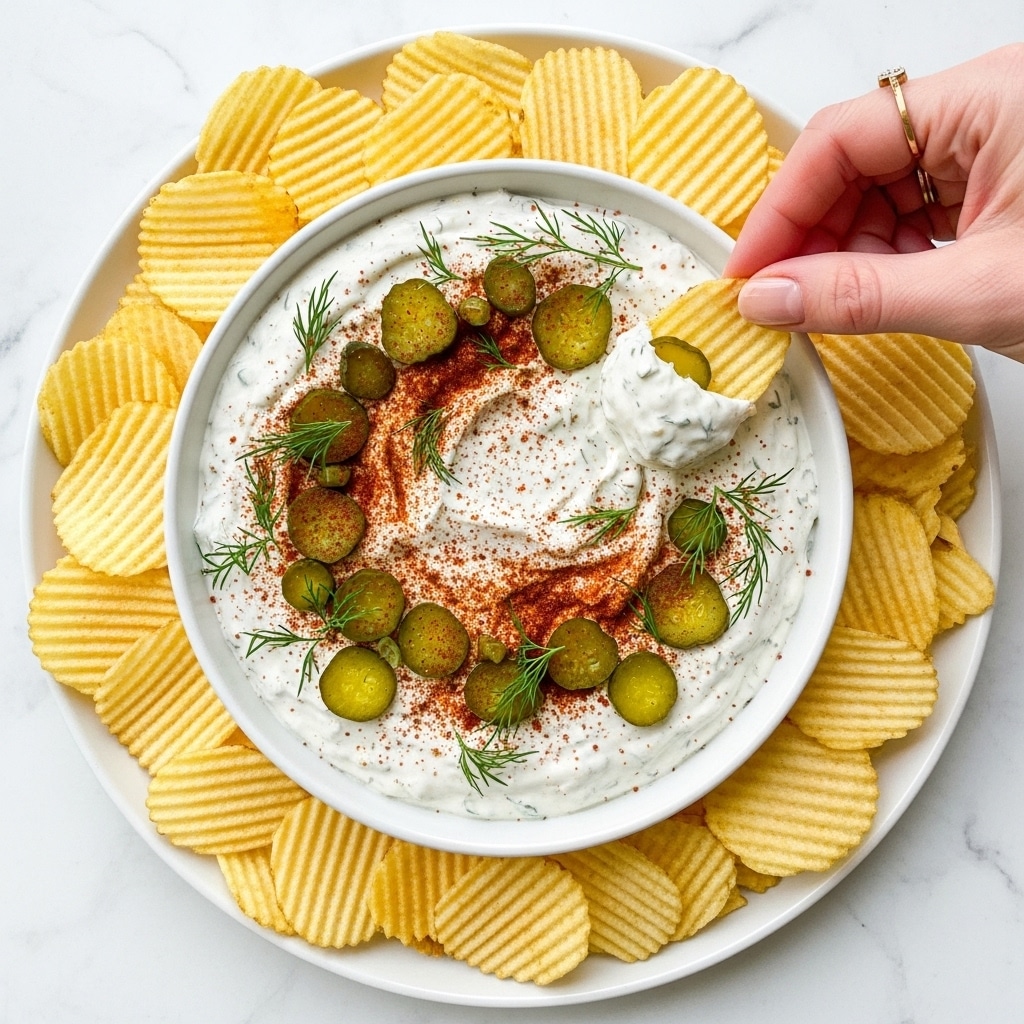 A round bowl filled with a creamy white dip with specks of green herbs mixed in. On top of the dip there are small green pickle pieces, bright green dill leaves, and a sprinkling of reddish-orange powder spread unevenly over the surface. The bowl sits in the center of a white plate surrounded by ridged light golden potato chips. A woman's hand with a gold ring on the finger is dipping a chip into the textured white dip. The whole scene is set on a white marbled surface. photo taken with an iphone --ar 4:5 --v 7