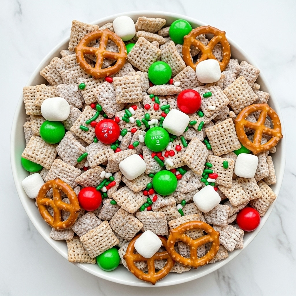 The image shows a bowl filled with a festive snack mix that has several layers and textures. The base layer is made up of light brown pretzels and square cereal pieces coated with a white powdery sugar. Scattered around are small white marshmallows, bright green and red candy-coated chocolates, and tiny red and green sprinkles that add pops of color throughout. The mix has a crunchy and soft look, with the candy adding smooth, shiny surfaces. The bowl is white and sits on a white marbled textured surface. photo taken with an iphone --ar 4:5 --v 7