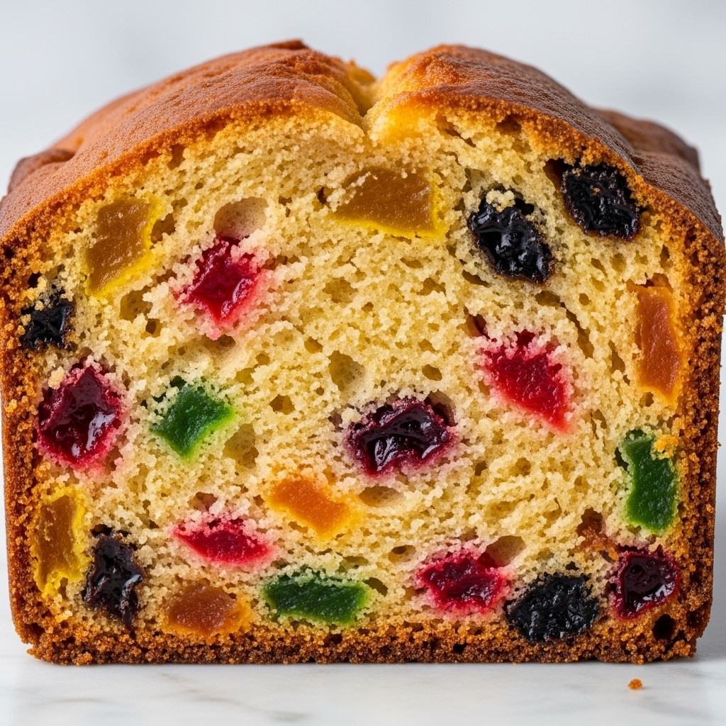A close-up of a thick slice of fruitcake with a rich golden-brown crust and a dense, moist inside filled with many colorful pieces of dried fruits, including red, green, yellow, and orange, scattered evenly throughout the pale yellow cake base. The textures of the fruits contrast with the soft crumb of the cake, and the light shines on the shiny surface of the fruit pieces, making them look juicy. The slice is sitting on a surface with a white marbled texture. Photo taken with an iphone --ar 4:5 --v 7