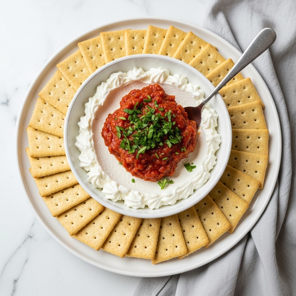 The image shows a white round plate with a small white bowl on top, placed on a white marbled surface. The bowl contains three visible layers: the bottom layer is a creamy white spread, likely cream cheese, with a thick texture and soft peaks along the edge. The middle layer is a chunky red sauce, likely tomato-based, spread unevenly over the cream cheese and topped with finely chopped green herbs, giving a fresh look. There is a silver spoon resting inside the bowl on the right side. Surrounding the bowl on the plate are square light brown crackers arranged neatly in three curved rows. A light gray cloth is placed partially under the plate on the right side. Photo taken with an iphone --ar 4:5 --v 7