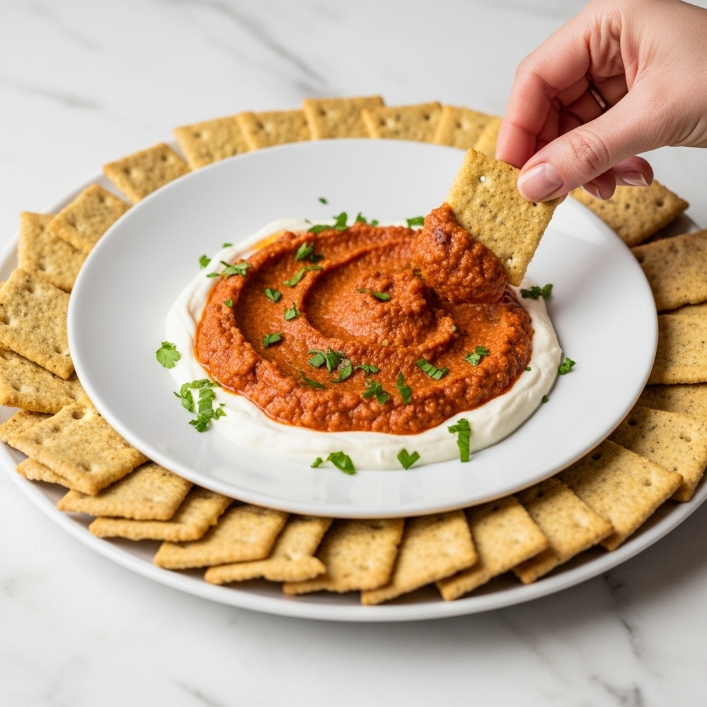 The dish shows a white plate with a creamy white layer spread along the base edge, on top of which is a thick reddish sauce with a coarse texture and bits visible, garnished with small chopped green herbs scattered across the sauce. The plate is set on a larger white plate holding many square tan crackers around it, and a woman’s hand is dipping one cracker into the sauce. The scene is set on a white marbled surface with soft lighting. photo taken with an iphone --ar 4:5 --v 7