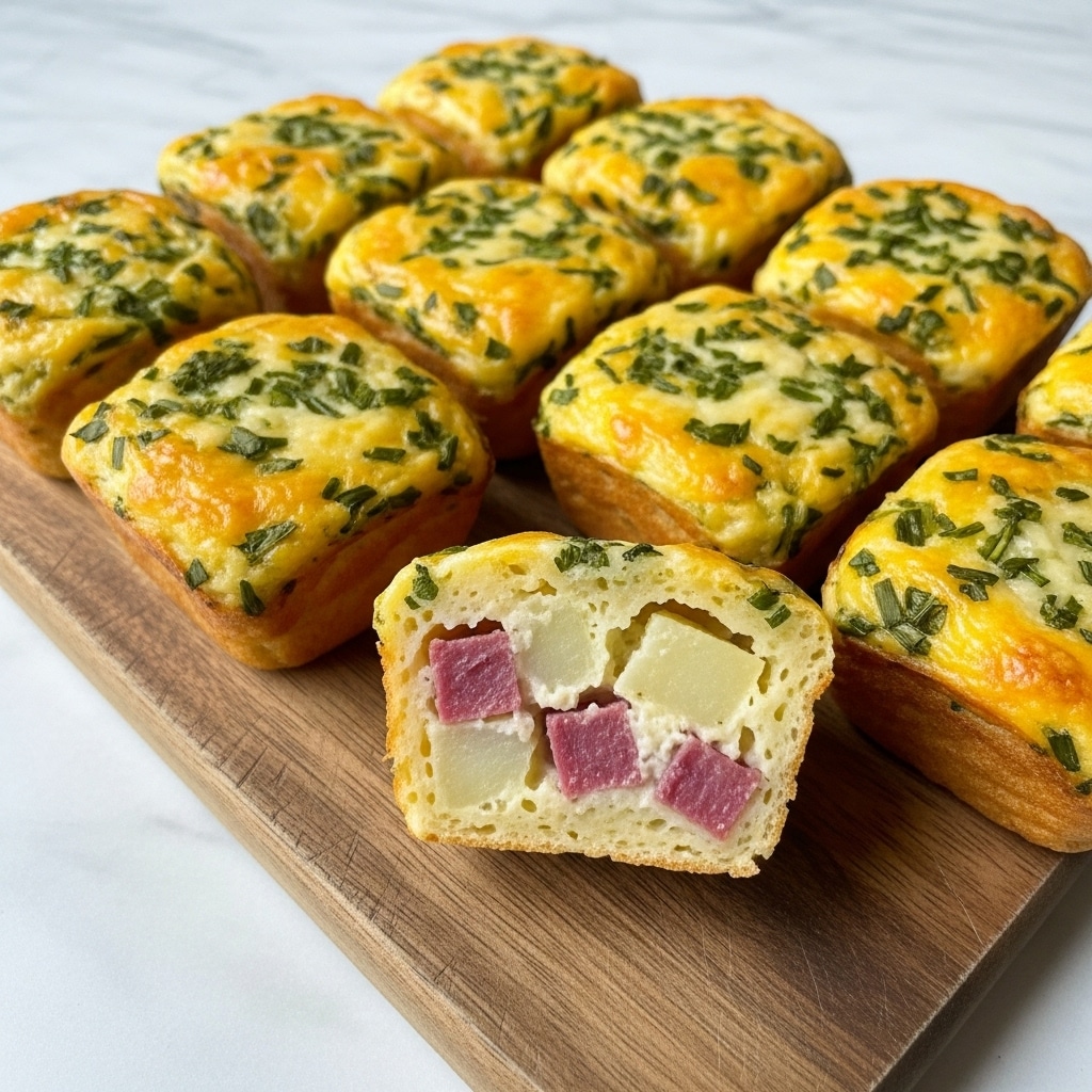 The image shows a wooden cutting board on a white marbled texture. On the board, there are ten small square savory muffins arranged closely together with slightly uneven edges. Each muffin has a golden-yellow top layer melted with cheese, sprinkled with finely chopped green herbs, giving a speckled green pattern throughout the surface. One muffin in the center is turned on its side showing a creamy interior filled with small chunks of pinkish-red meat and light-colored potatoes or similar ingredients. The muffins have a slightly crispy texture on the edges with a soft and moist look inside. The overall scene is lit softly, enhancing the warm colors of the muffins. Photo taken with an iphone --ar 4:5 --v 7
