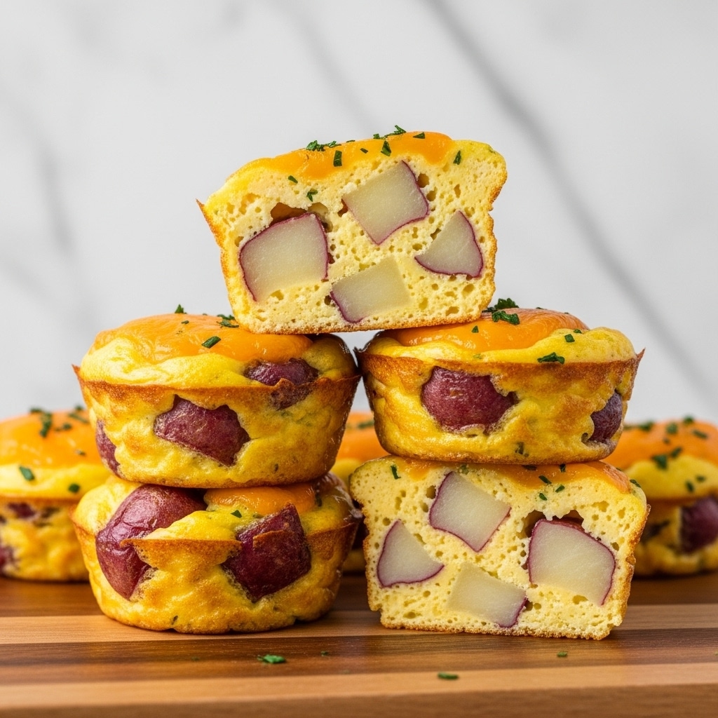 The image shows small golden egg muffins stacked on a wooden board with a white marbled background. Each muffin has three visible layers: the bottom layer is a soft yellow baked egg base with bits of potato with reddish skin embedded inside; the middle layer is dense with large pieces of potato and pale egg, holding the muffin together; the top layer is melted yellow cheese sprinkled with finely chopped green herbs. Two muffins are cut in half and stacked on top, showing the chunky potato pieces inside. Photo taken with an iphone --ar 4:5 --v 7