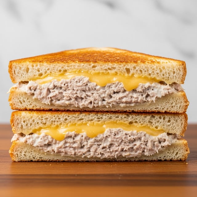Two halves of a toasted sandwich stacked on a wooden surface, showing three layers in total: the top and bottom layers are golden-brown toasted bread with a crunchy texture, and the middle layer consists of a creamy, white and slightly chunky tuna salad mixed with melted pale yellow cheese oozing slightly. The sandwich is cut diagonally to show the filling clearly, and the background is a soft, blurred white marbled texture. photo taken with an iphone --ar 4:5 --v 7