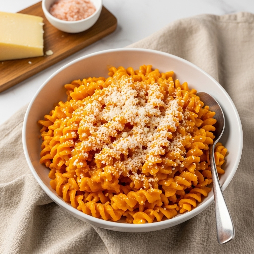 A close-up of a bowl filled with a large serving of bright orange rotini pasta, coated in a smooth creamy cheese sauce, with a generous layer of finely grated white cheese sprinkled all over the top. The round white bowl sits on a soft beige cloth, with a silver spoon resting on the right edge of the bowl. At the top left corner, there is a wooden board holding a block of pale yellow cheese and a small white bowl filled with pink salt, all placed on a white marbled surface. The setting feels warm and inviting. photo taken with an iphone --ar 4:5 --v 7