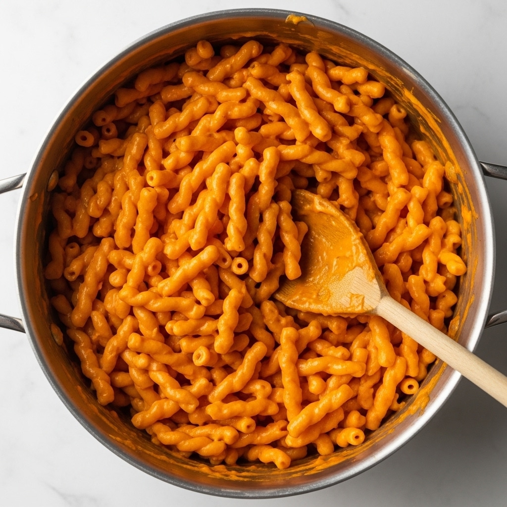 A large metal pot filled with bright orange twisted pasta covered in a thick, creamy sauce. The pasta pieces are tightly curled and densely packed, showing a smooth and glossy texture. A wooden spoon is partially buried in the pasta on the right side, coated with the same vibrant sauce. The pot sits on a white marbled surface, creating a clean and simple backdrop. Photo taken with an iphone --ar 4:5 --v 7