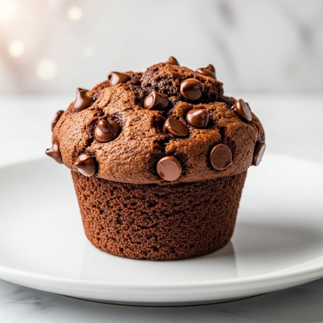 The image shows a rich chocolate muffin with a fluffy, slightly rough texture and a golden brown and dark chocolate color mixed throughout. The muffin top is rounded and studded with shiny, melted chocolate chips that glisten in the light. The muffin sits alone on a plain white plate, placed on a surface with a white marbled texture in the background, with soft, blurred lighting that gives a warm, cozy feel. photo taken with an iphone --ar 4:5 --v 7