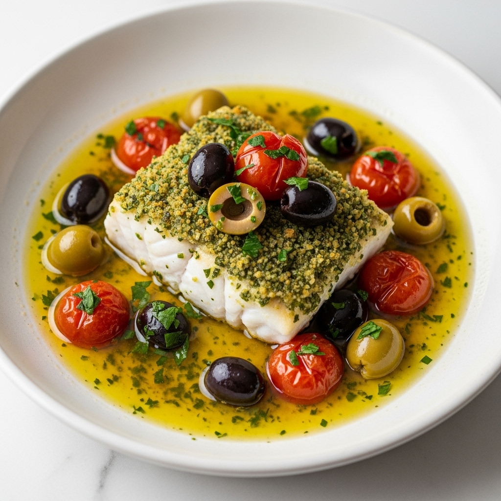 Inside a white oval dish, two whole fish fillets with crispy, golden-brown skin sit side by side, covered with green herbs and red pepper flakes. Surrounding the fish are roasted cherry tomatoes bursting with red color, large green and deep purple olives, and soft, caramelized yellow onion rings. Chunks of pale yellow garlic and a light layer of glistening olive oil fill the spaces, giving the dish a shiny, rich look. The edges of the dish show browned spots from roasting, and it rests on a white marbled surface. photo taken with an iphone --ar 4:5 --v 7