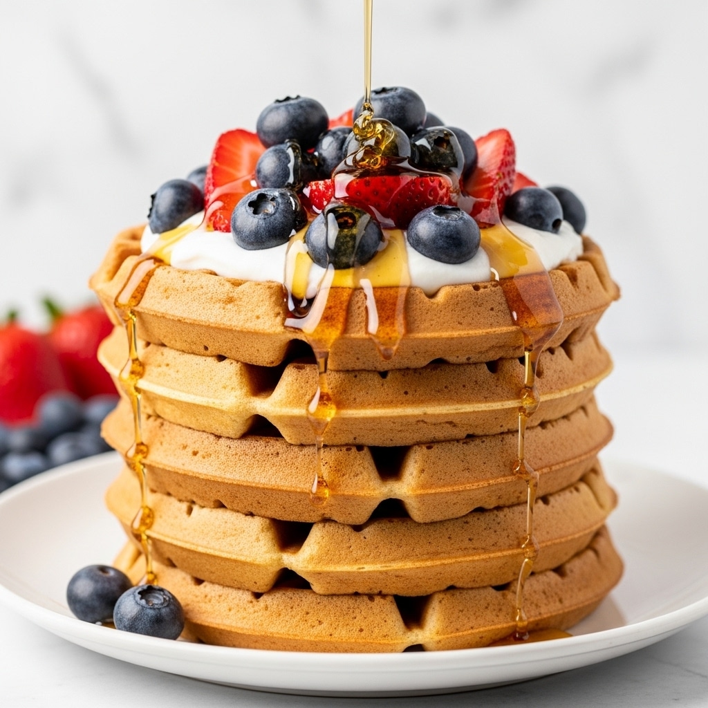 A tall stack of five golden brown waffles sits on a white plate, each waffle perfectly round and fluffy with a slightly crisp edge. The top waffle is covered with a mix of fresh blueberries and sliced strawberries, their deep blue and bright red colors contrasting beautifully with the warm waffle tones. Amber syrup is being poured slowly from above, dripping over the berries and down the sides of the waffles in shiny streams. The background has a soft focus with a white marbled texture, creating a clean and bright setting. photo taken with an iphone --ar 4:5 --v 7