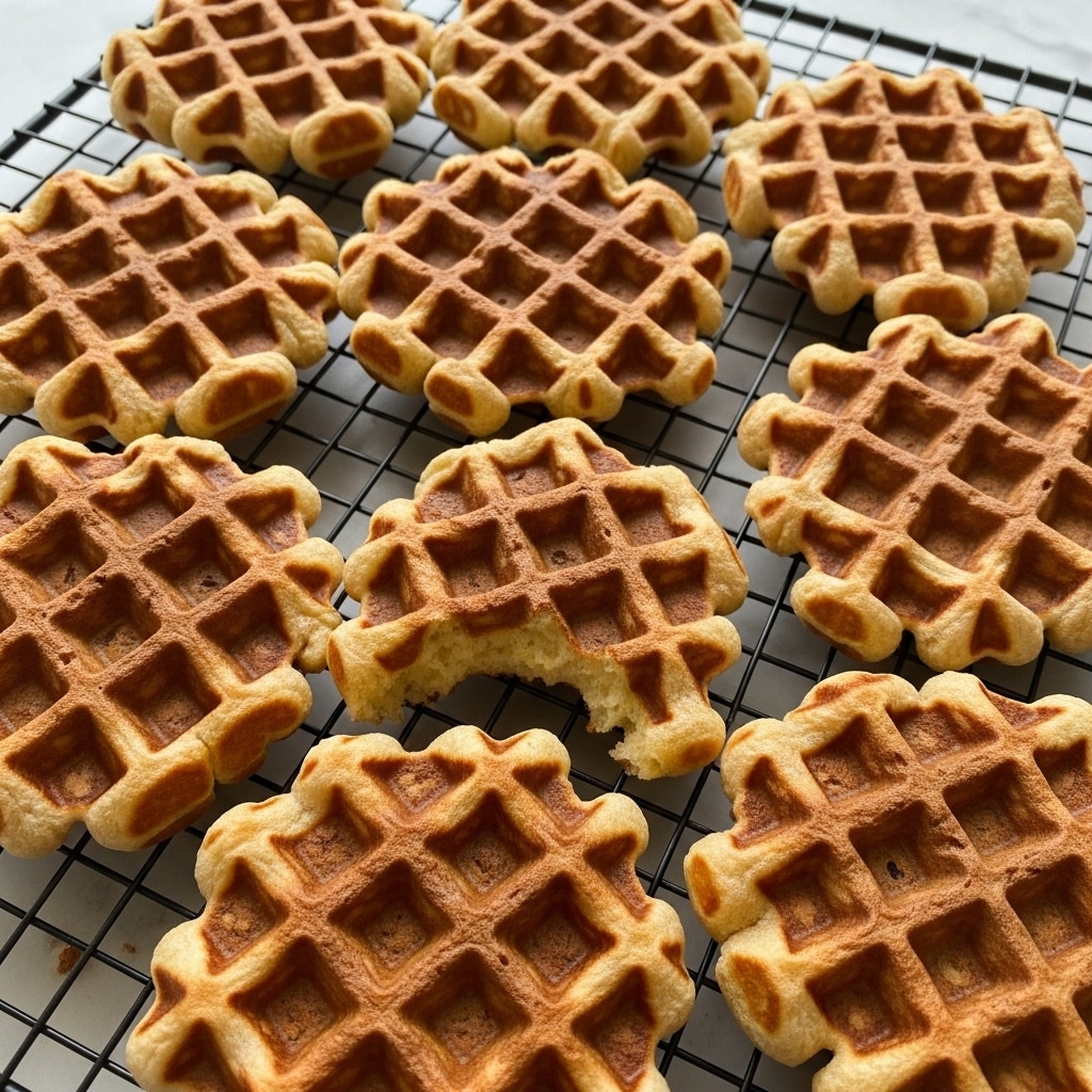 A group of round, golden-brown waffles with a crispy texture is arranged closely together on a black cooling rack. The waffles have a classic grid pattern with deep square pockets, showing slight variations in browning that add to their appetizing look. One waffle near the center has a small bite taken out of it, revealing a soft, airy inside that contrasts with the crispy outside. The background is a white marbled texture, enhancing the warm colors of the waffles. photo taken with an iphone --ar 4:5 --v 7