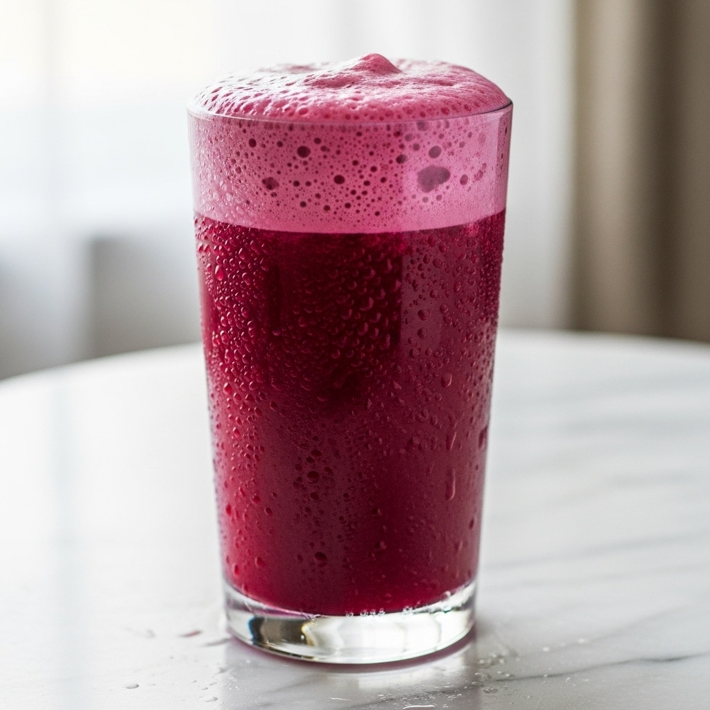 A tall clear glass holds a deep magenta juice with a thick, frothy layer of lighter pink foam on top. The glass is covered in small water droplets, adding a fresh, cold look. The drink stands on a white marbled surface with soft natural light coming from a window in the background, highlighting the bright colors and texture of the juice. photo taken with an iphone --ar 4:5 --v 7