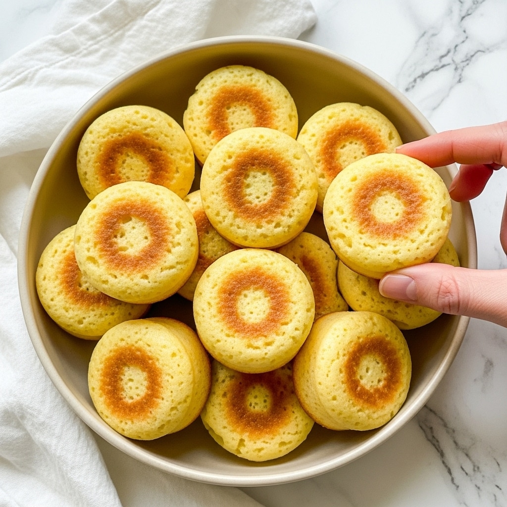 A beige round bowl is filled with ten small, round, fluffy yellow cakes with light brown spots on top. The cakes are stacked in a loose pile, showing their soft texture and slightly browned edges. A woman's hand is holding one cake on the right side of the bowl, touching its smooth surface. The bowl is placed on a white marbled texture cloth. photo taken with an iphone --ar 4:5 --v 7
