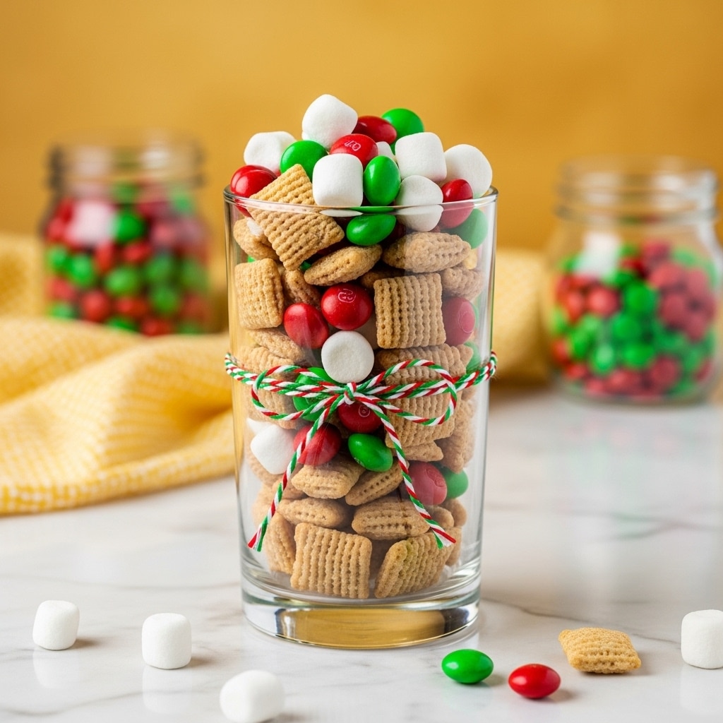 The image shows a tall clear glass filled with several layers of light brown square cereal pieces mixed with red and green round candies, topped with white mini marshmallows and more candies. The glass is decorated with a green and red string tied around its middle. The background is a warm yellow tone with a blurred cloth and jars filled with similar candies. The glass is placed on a white marbled surface. photo taken with an iphone --ar 4:5 --v 7