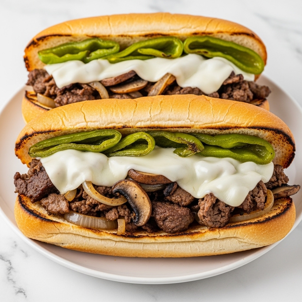 The image shows two Philly cheesesteak sandwiches on a white plate with a white marbled surface background. Each sandwich has three main visible layers: the bottom layer is a soft white hoagie roll, the middle layer contains brown cooked beef pieces mixed with sautéed translucent onions and light to dark brown sliced mushrooms, and the top layer is melted white cheese stretching over the beef and vegetables. On top of the cheese, there are green roasted pepper slices placed inside the sandwich. The hoagie rolls are slightly toasted with light brown grill marks and cracks on the surface. Photo taken with an iphone --ar 4:5 --v 7