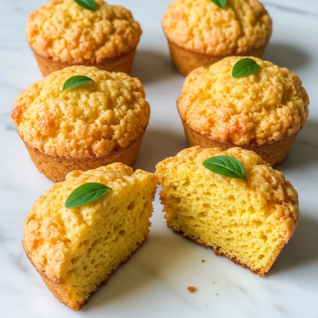 The image shows four golden cheese muffins on a white marbled surface. Three muffins are whole with a rough, slightly crispy exterior, topped with small green herb leaves, and one muffin is cut in half to reveal the soft, airy, and slightly cheesy texture inside. The muffins have a warm yellow color inside and a deeper golden brown crust on the outside. Photo taken with an iphone --ar 4:5 --v 7