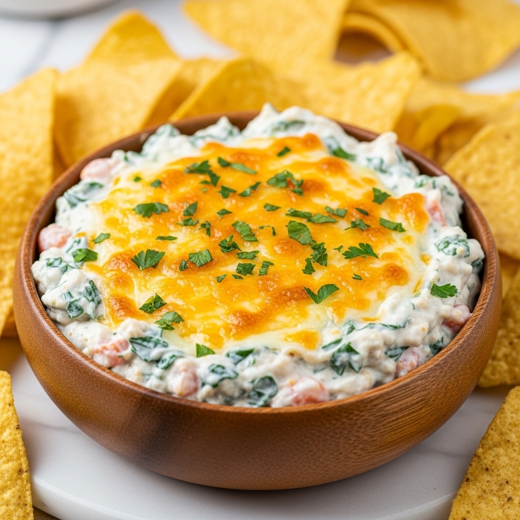 A round wooden bowl filled with creamy dip that has mixed visible green herbs and small orange bits inside. The top layer is melted golden cheese sprinkled with chopped green herbs. The bowl is surrounded by yellow corn tortilla chips placed on a white marbled surface, with blurred background showing more chips. Photo taken with an iphone --ar 4:5 --v 7