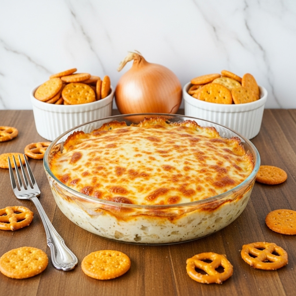 A round clear glass dish filled with a baked dip that has a golden brown melted cheese layer on top, showing slightly browned and bubbly texture. The dip itself beneath the cheese appears creamy white with some visible seasoning. Around the dish on a wooden table, there are orange pretzel chips scattered on the surface, a silver fork to the left, and two small white bowls behind the dish filled with round crackers and more pretzel chips. A yellow onion is placed between the two bowls. The background is a white marbled texture. photo taken with an iphone --ar 4:5 --v 7