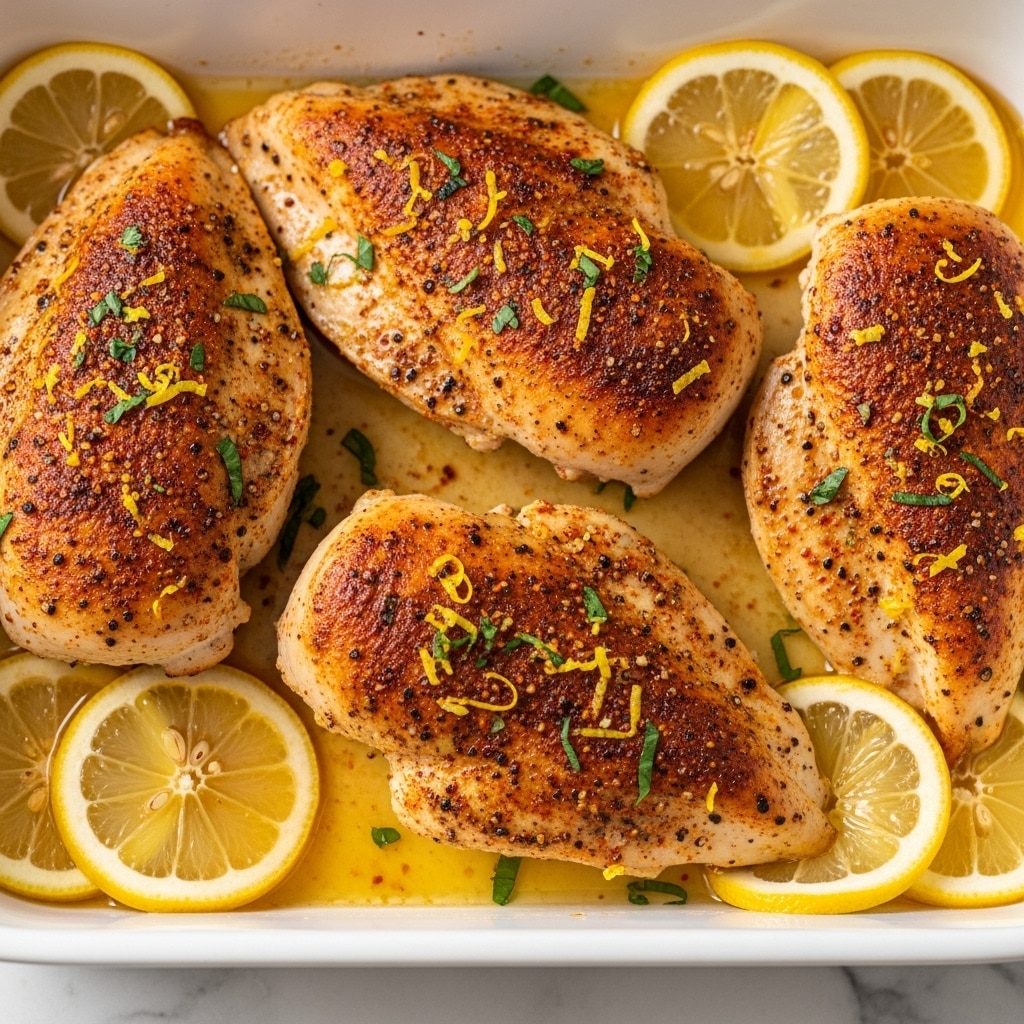 The image shows four cooked chicken breasts laid out closely on a white baking dish. Each chicken breast has a golden-brown surface with a slightly crispy texture, covered in black pepper and orange-red spices, sprinkled with small green herb pieces and tiny bits of yellow lemon zest. Around the chicken breasts, there are thin lemon slices with a fresh yellow color and glossy texture, partially submerged in a light yellow sauce. The whole dish is set on a white marbled surface. photo taken with an iphone --ar 4:5 --v 7
