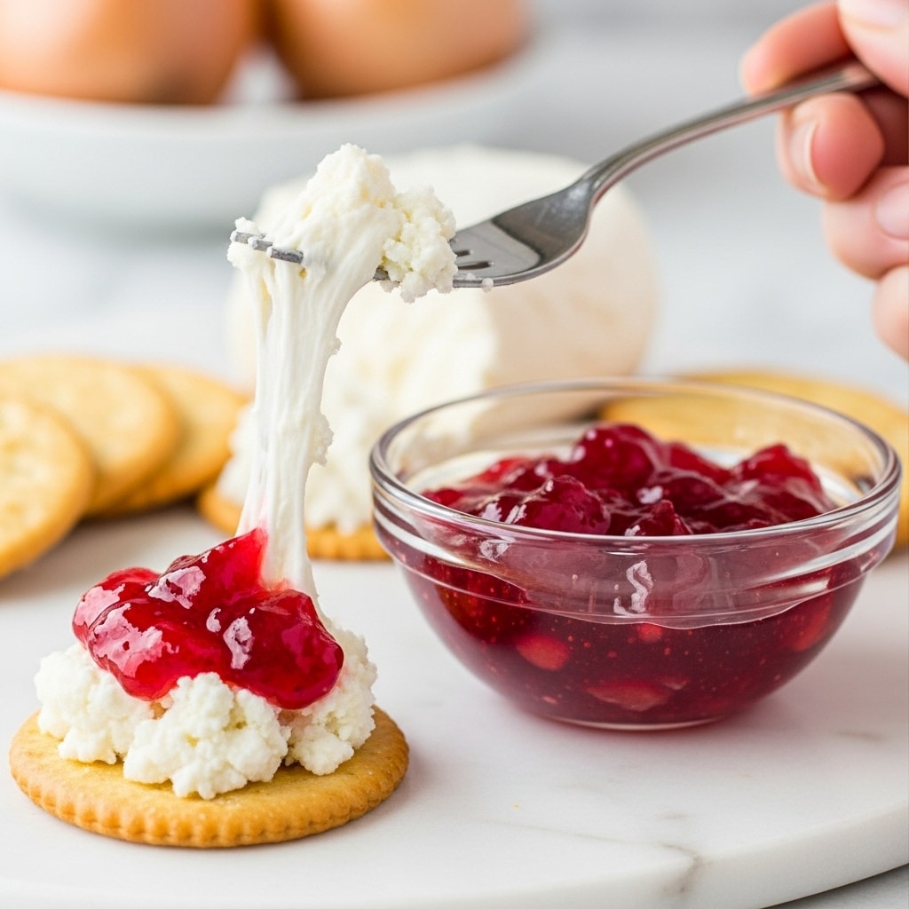 A close-up view shows a piece of cracker topped with a white, crumbly cheese that has a rough texture, layered with a shiny, bright red jelly or jam spread on top. Next to it is a clear glass bowl filled with more of the red jelly. A fork held by a woman's hand lifts a small amount of soft, white cheese with a semi-smooth texture, stretching it slightly. The background shows more crackers and blurred objects, all placed on a white marbled surface. photo taken with an iphone --ar 4:5 --v 7
