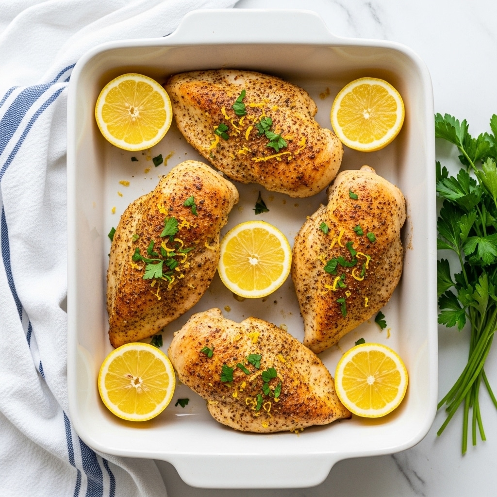 Four baked chicken breasts with a golden-brown, slightly crispy texture are arranged side by side in a white rectangular baking dish. Each chicken breast has a coating of herbs and spices, sprinkled with small green parsley pieces and lemon zest. Around the chicken breasts, there are six bright yellow lemon slices evenly placed, adding fresh color contrast. The baking dish rests on a white marbled surface, with a folded white towel with blue stripes slightly peeking from the top left corner. A small bunch of fresh green parsley is placed to the right of the baking dish. photo taken with an iphone --ar 4:5 --v 7