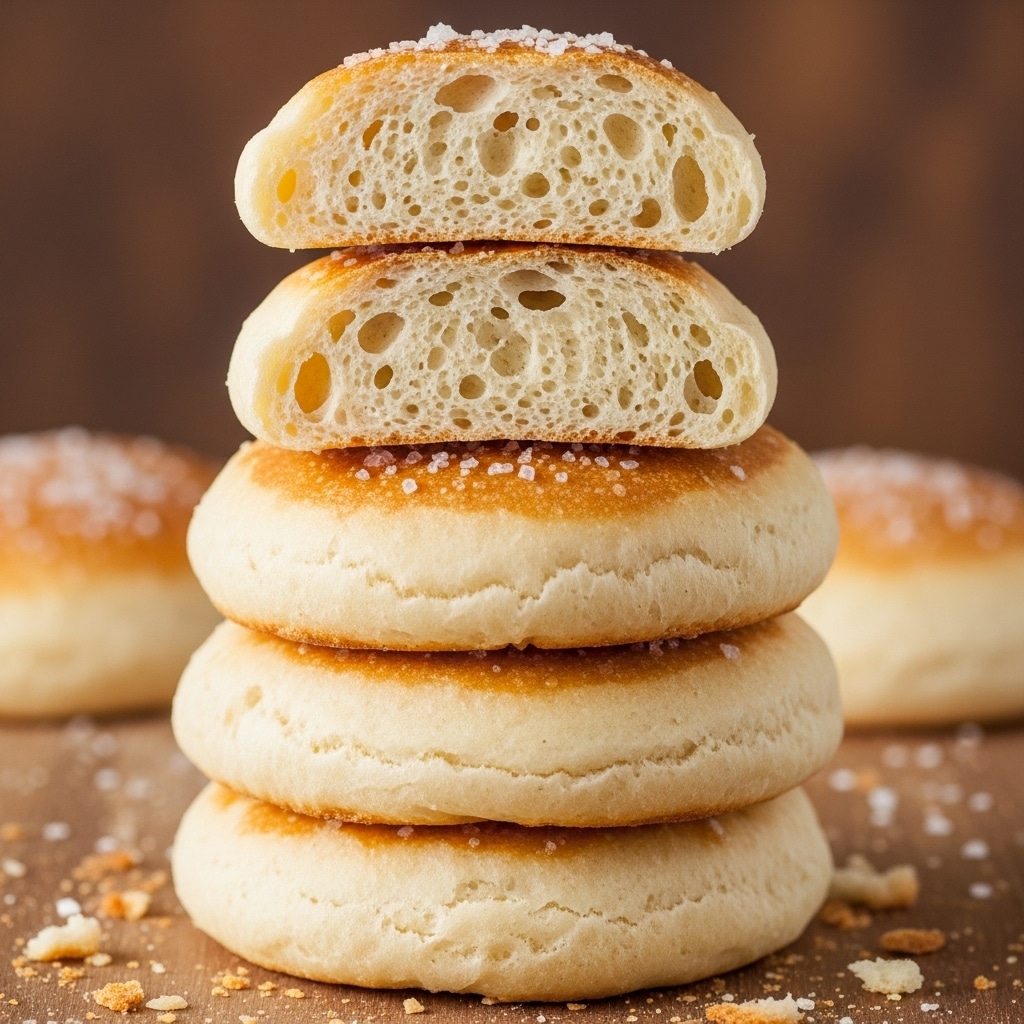 The image shows a stack of four pieces of soft, fluffy bread with a pale golden crust and a very light yellow inside. The top piece is smaller and cut in half, showing its airy texture with many small holes inside. Each layer looks thick and spongy, with a smooth surface and some salt crystals lightly sprinkled on top. The bread pieces are stacked directly on a wooden board with crumbs around them. The background features a warm brown tone that softly blurs out. photo taken with an iphone --ar 4:5 --v 7