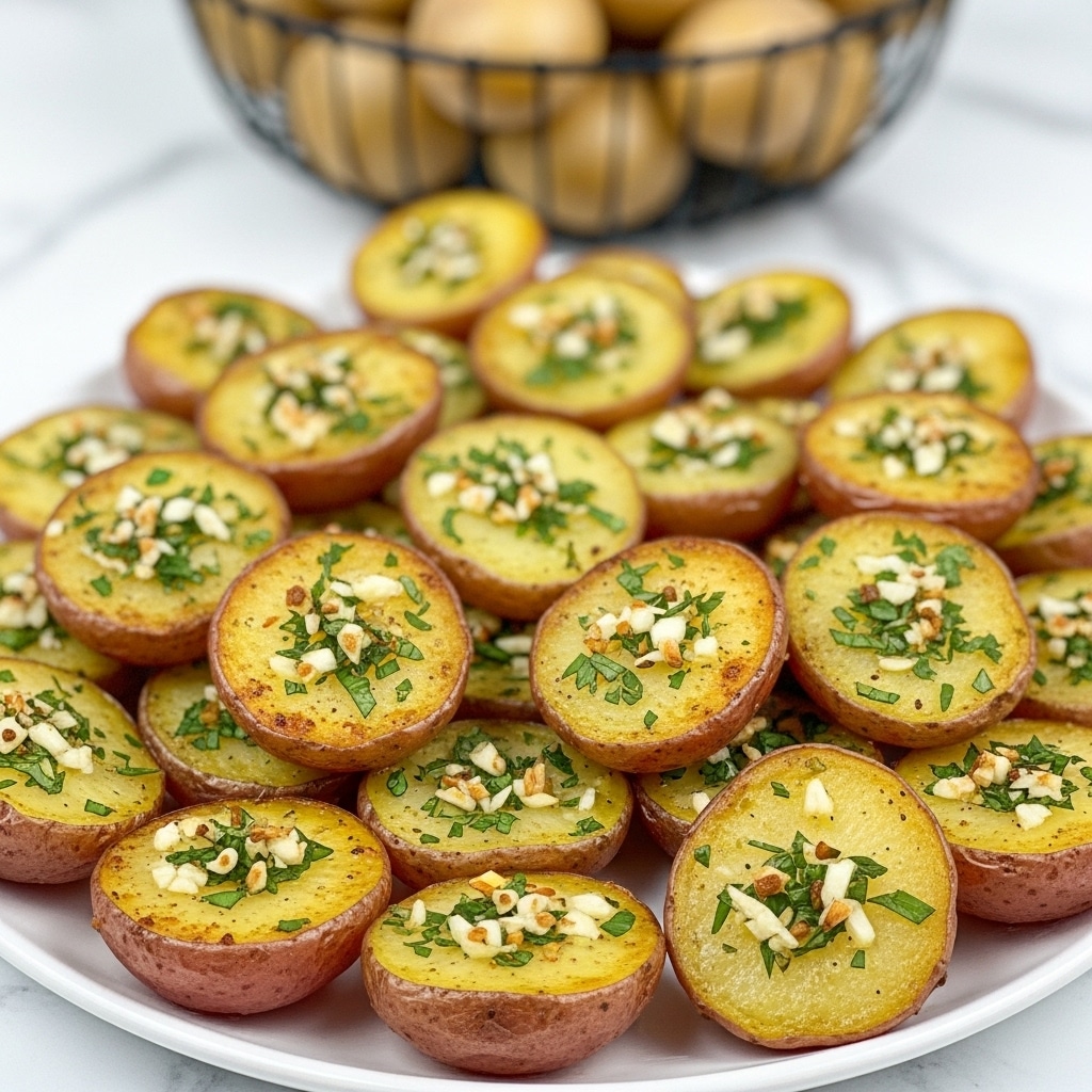 The dish shows many small roasted potato halves arranged closely on a white plate. Each potato half has a golden-brown skin with a light yellow inside sprinkled with green herbs, minced garlic, and bits of seasoning, giving a textured look. The potato pieces are piled in layers, filling the plate fully, inside a soft focus background with a basket of potatoes behind them on a white marbled texture. photo taken with an iphone --ar 4:5 --v 7