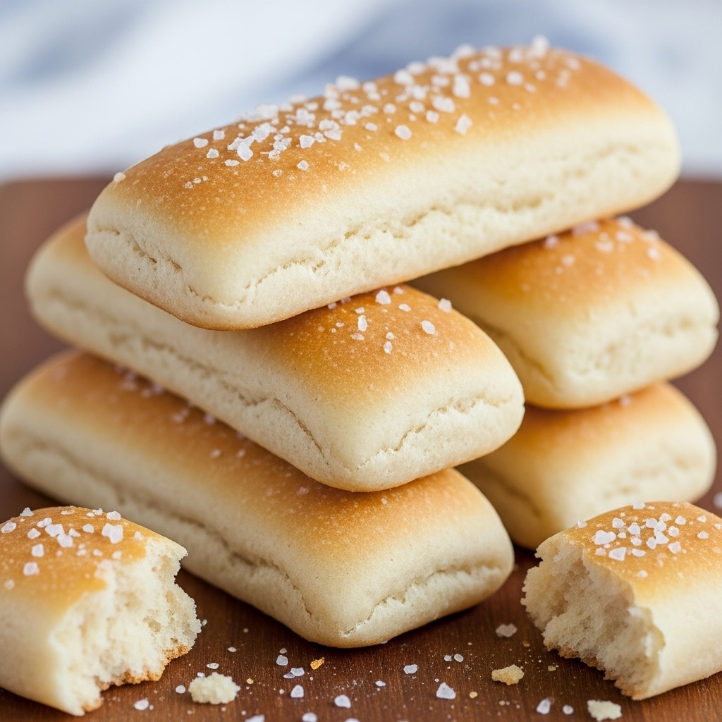 A close-up view of four soft, rectangular breadsticks stacked in a small pile on a wooden board with some coarse salt sprinkled on top; the breadsticks have a pale golden color and a slightly shiny surface, showing a smooth texture with scattered grains of salt, and a few broken pieces lie around the stack. Photo taken with an iphone --ar 4:5 --v 7