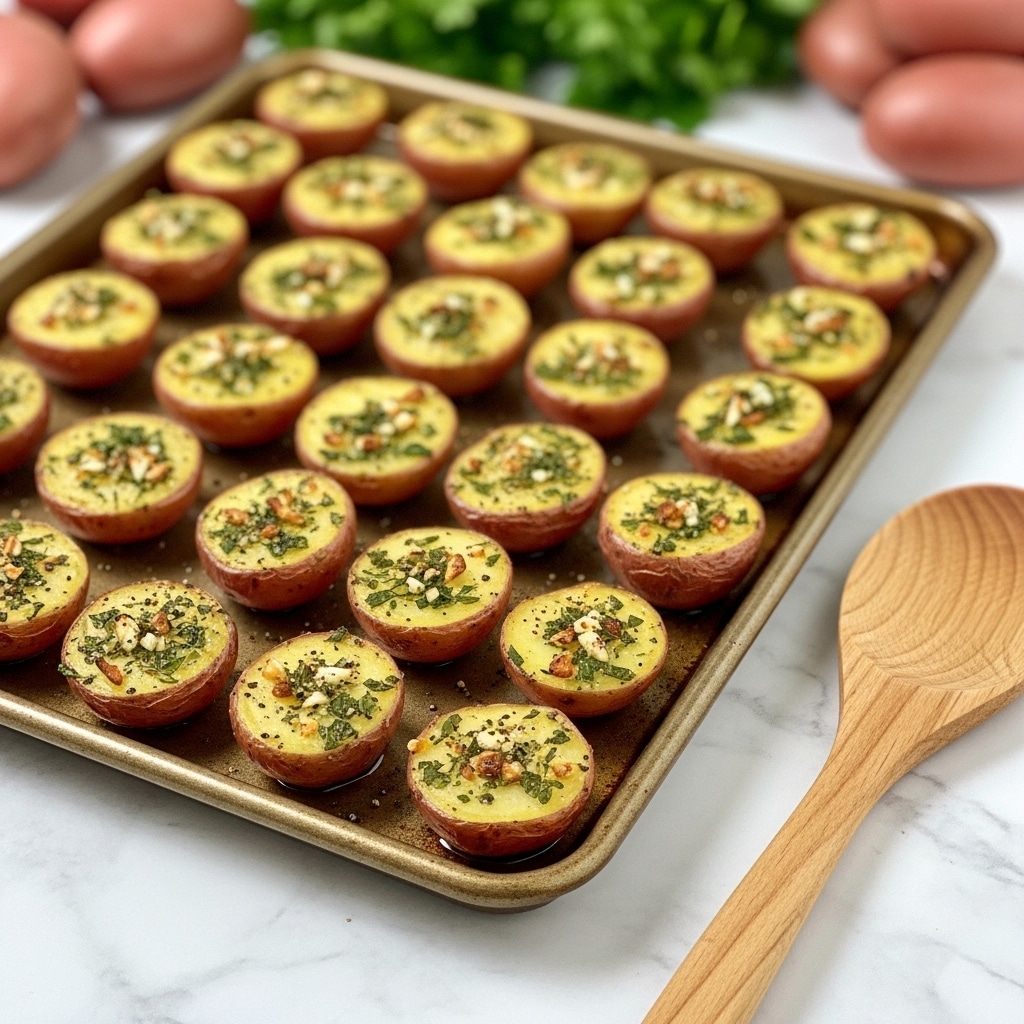 The image shows a baking sheet filled with small roasted potato halves, each with a golden-brown top speckled with green herbs, black pepper, and bits of garlic, giving a crispy texture. The potatoes have a reddish-brown skin and soft yellow insides, neatly arranged in rows with some space between each piece. The baking sheet sits on a white marbled surface, next to a wooden spoon with a smooth, light brown texture. In the background, there is a blurred mix of fresh red potatoes and green leafy herbs. photo taken with an iphone --ar 4:5 --v 7