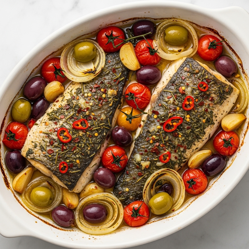 A white fish fillet with a crispy golden crust filled with green herbs sits in the middle of a shallow white bowl. The fish is topped with halved green and black olives and small roasted red cherry tomatoes. Around the fish, a yellow, herb-speckled oily sauce fills the bowl, mixing with extra cherry tomatoes and olives. The herbs sprinkled all over add green flecks, giving a fresh look to the dish. The bowl rests on a white marbled surface. photo taken with an iphone --ar 4:5 --v 7