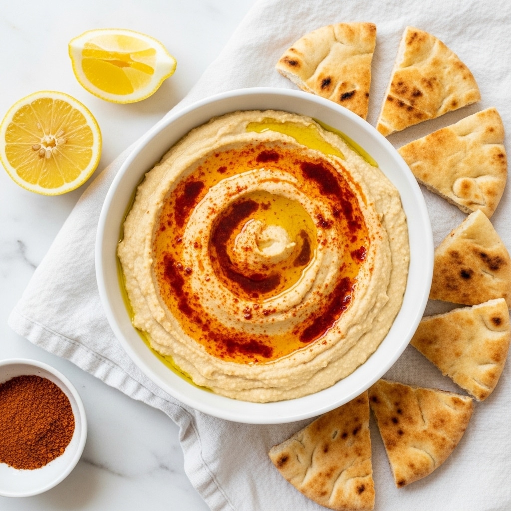 A white bowl filled with creamy light beige hummus, swirled on top with golden olive oil and a drizzle of deep red paprika or chili oil, placed on a light-colored cloth on a white marbled surface. Around the bowl, there are triangular pieces of pita bread with a slightly toasted look, arranged casually. To the left of the bowl, there is a half lemon with a bright yellow inside and a small white bowl filled with a reddish-brown spice. Photo taken with an iphone --ar 4:5 --v 7
