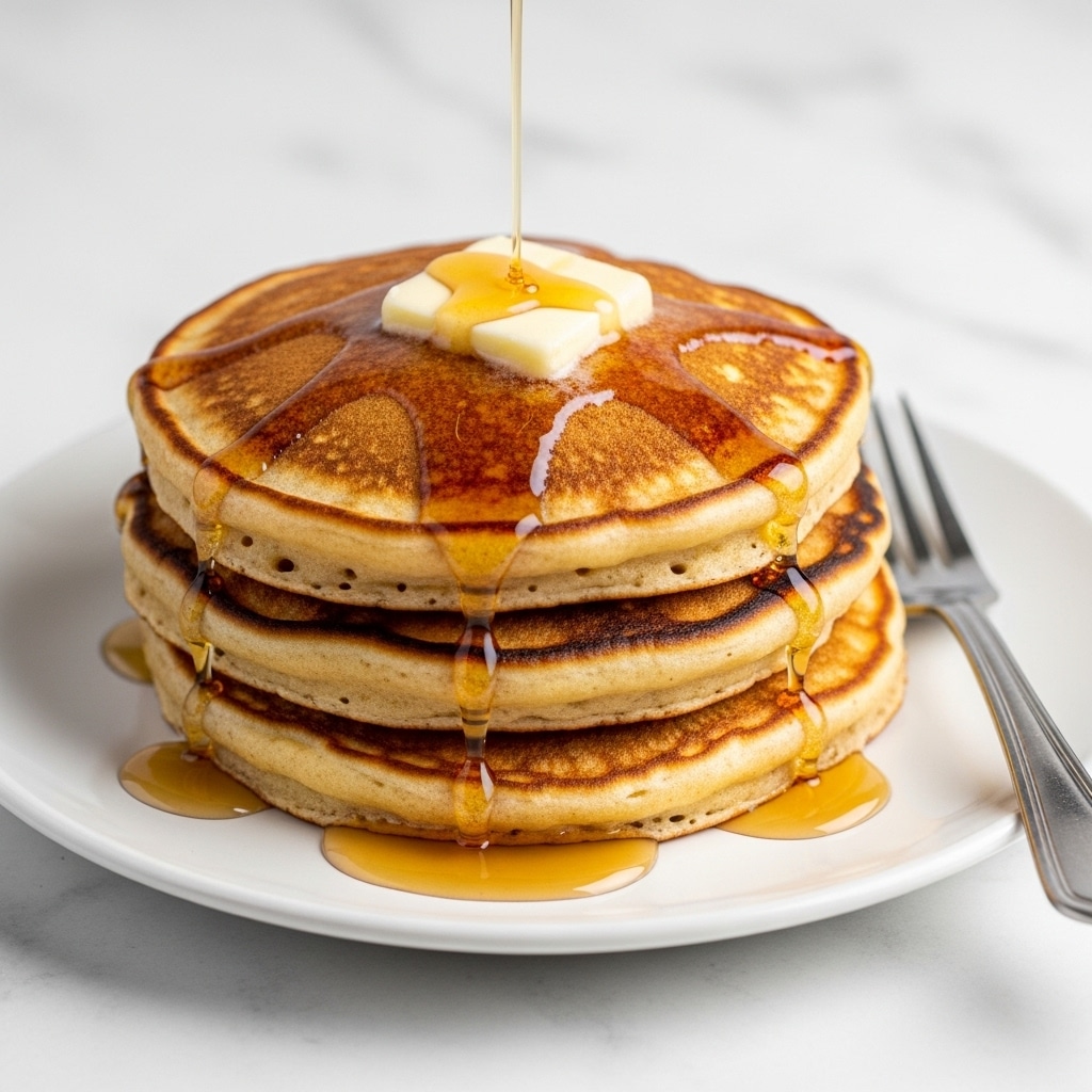 A stack of three thick, golden brown pancakes sits centrally on a white plate, each pancake fluffy and slightly uneven with a textured surface suggesting softness. The top pancake is adorned with a square pat of melting butter, glistening as it slowly melts, with syrup drizzled over, trickling down the sides of the stack and pooling slightly at the bottom. To the right side of the plate, a silver fork rests on the surface. The whole plate is set on a white marbled texture background, enhancing the warm tones of the pancakes. photo taken with an iphone --ar 4:5 --v 7