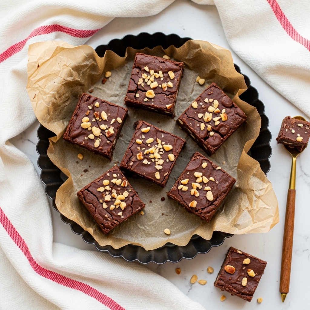 A black fluted tart pan lined with crumpled brown parchment paper holds five square pieces of chocolate fudge, each topped with small pieces of nuts scattered on top. The fudge squares are rich dark brown with a slightly rough, slightly cracked surface showing the nut pieces embedded. The pan sits on a white marbled surface, and around it is a white cloth with red stripes loosely draped, adding a cozy touch. A small piece of fudge and a wooden spoon with a brass tip are slightly visible at the edges. Photo taken with an iphone --ar 4:5 --v 7