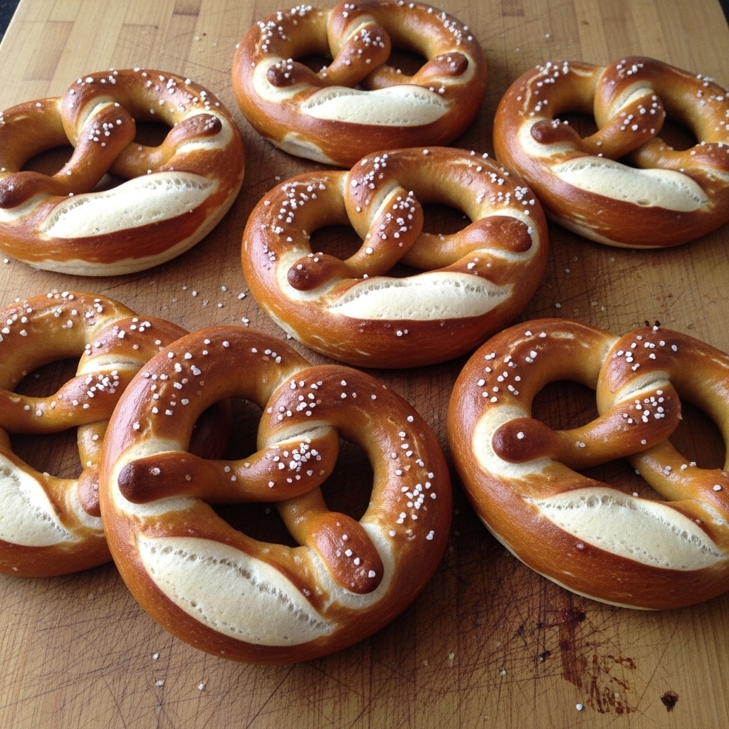 The image shows six soft pretzels with a golden-brown surface and a shiny, slightly crisp texture, each twisted into the classic pretzel shape with loops and a central knot. The pretzels have a light sprinkling of coarse salt on top, highlighting their fresh-baked quality. They are placed on a scratched wooden board, which contrasts with the warm tones of the bread. The pretzels appear fluffy inside with a smooth outer crust, and their placement is casual and slightly overlapping. photo taken with an iphone --ar 4:5 --v 7