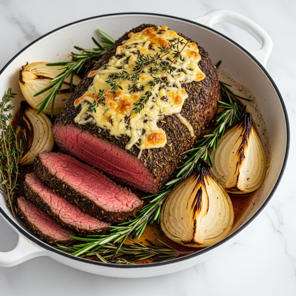 A cooked beef roast sits in a white enamel pan on a white marbled surface. The roast is sliced partway, showing a pink center with a browned, herb-covered crust. On top of the roast, there is melted cheese mixed with fresh herbs like rosemary and thyme. Around the roast in the pan are large pieces of cooked onion with browned edges, and sprigs of fresh rosemary add green accents. The pan has a handle visible at the top right. The overall scene is bright and clean. photo taken with an iphone --ar 4:5 --v 7