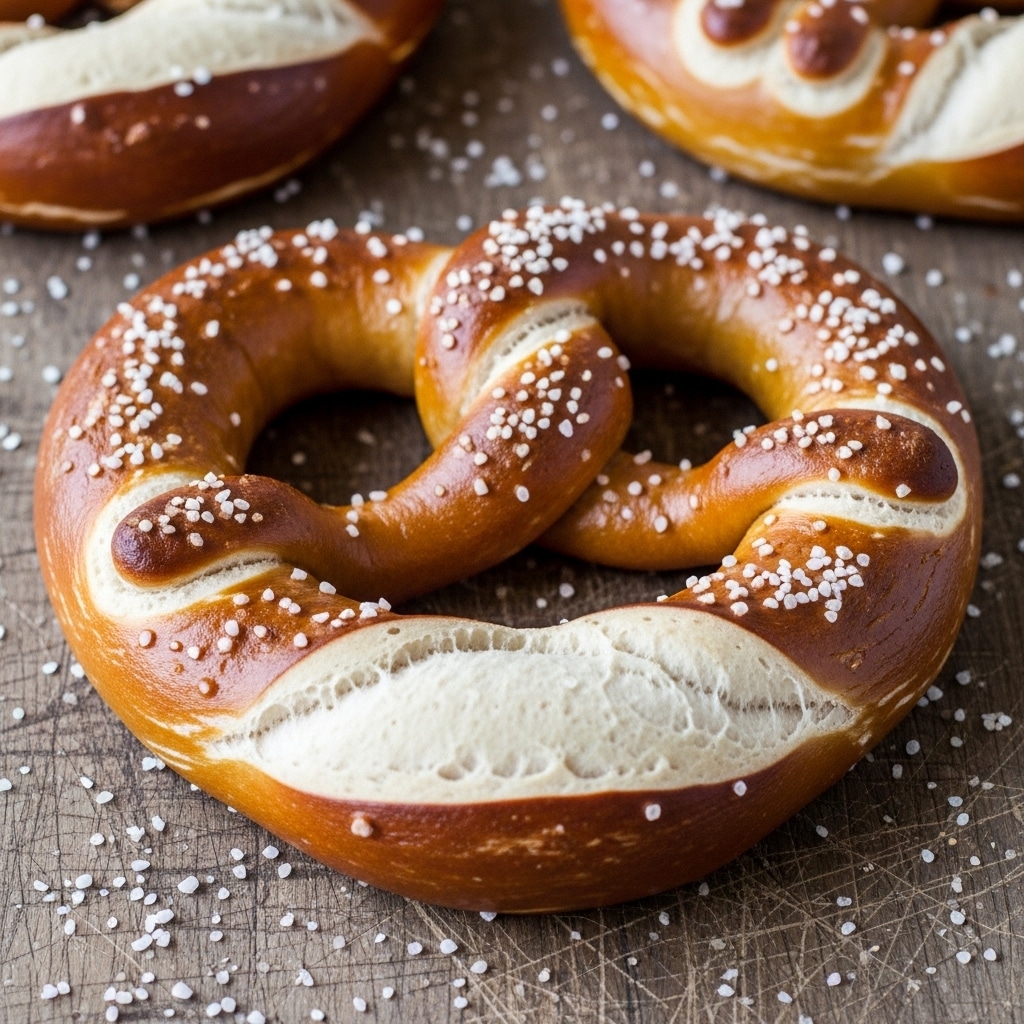 The image shows a close-up of a soft pretzel with a golden-brown, shiny crust and coarse salt sprinkled on top. It has a classic twisted shape, with three rounded loops and a thicker middle part, placed on a scratched wooden surface with more coarse salt scattered around. The background is slightly blurred, showing parts of another pretzel. photo taken with an iphone --ar 4:5 --v 7