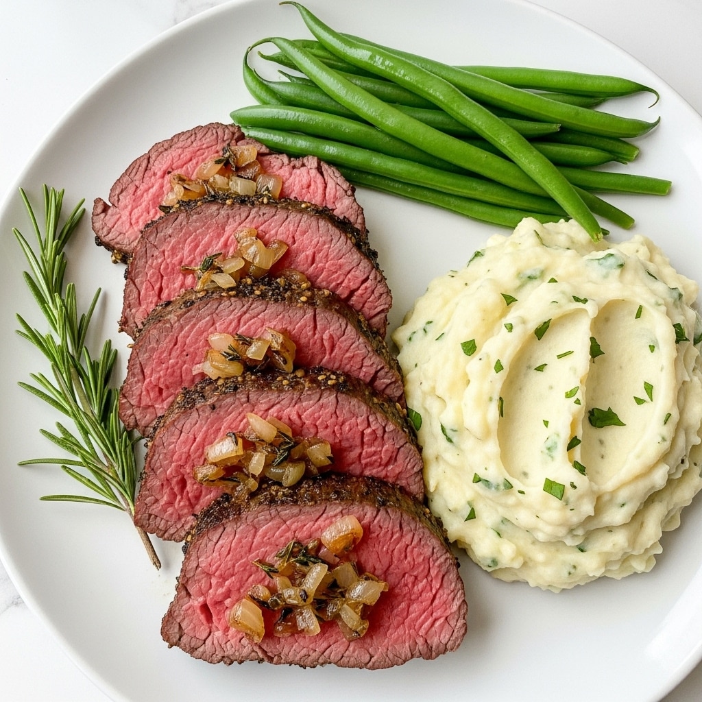 This image shows a white plate with four thick slices of medium-rare roast beef in the center, their edges seasoned and browned while the inside is pink and juicy, topped with small pieces of cooked onions and herbs. To the right side of the beef is a serving of creamy mashed potatoes with slight green herb sprinkles. At the top right, there are several bright green beans lined up neatly. On the left side of the plate, there is a small green rosemary sprig for garnish. The plate sits on a white marbled surface. Photo taken with an iphone --ar 4:5 --v 7