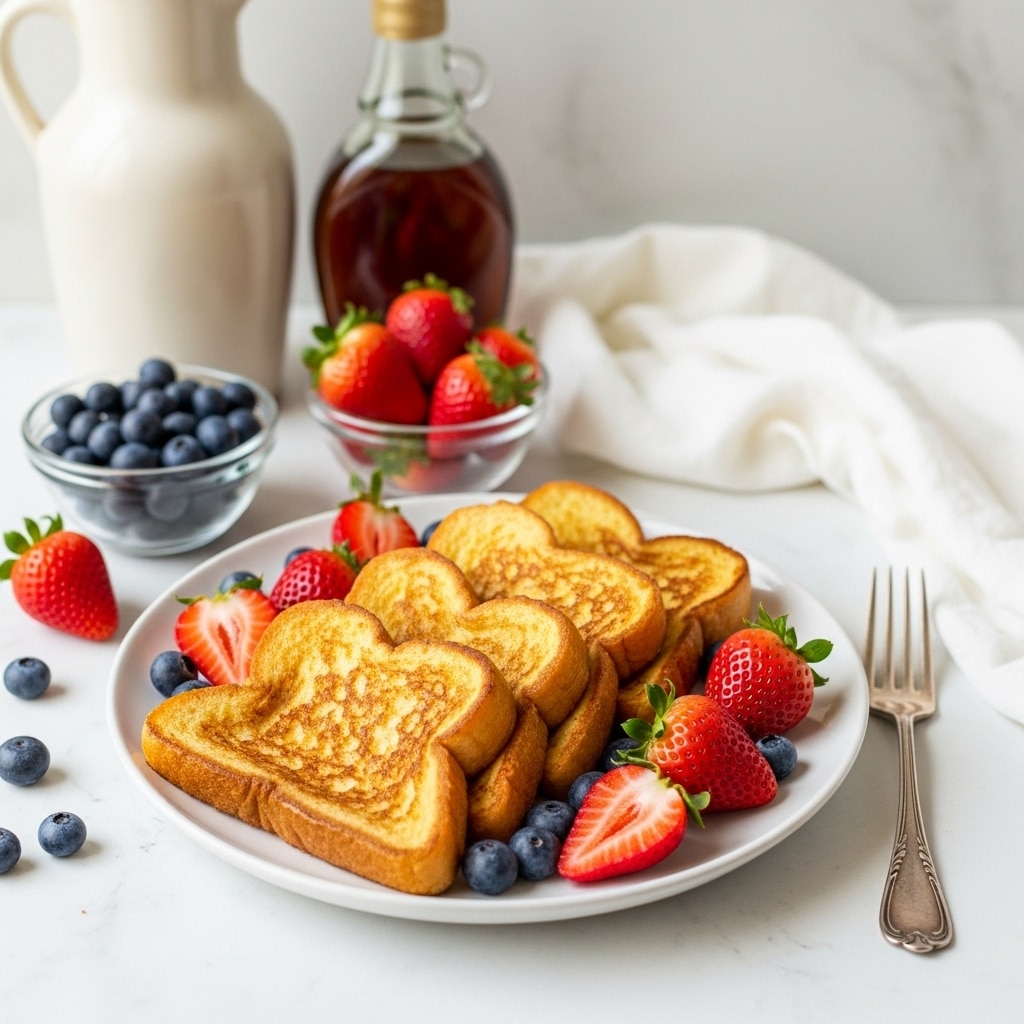 A white plate holds four slices of golden brown French toast arranged in a slightly overlapping row. Around the toast, there are fresh strawberries and blueberries adding red and dark blue colors with a juicy texture. Behind the plate, there are two small clear glass bowls, one filled with blueberries and the other with strawberries, along with a bottle of amber maple syrup and a tall cream-colored ceramic pitcher. A white cloth is casually draped in the background on a white marbled surface, creating a clean and soft setting. A vintage silver fork lies beside the plate on the right side. photo taken with an iphone --ar 4:5 --v 7