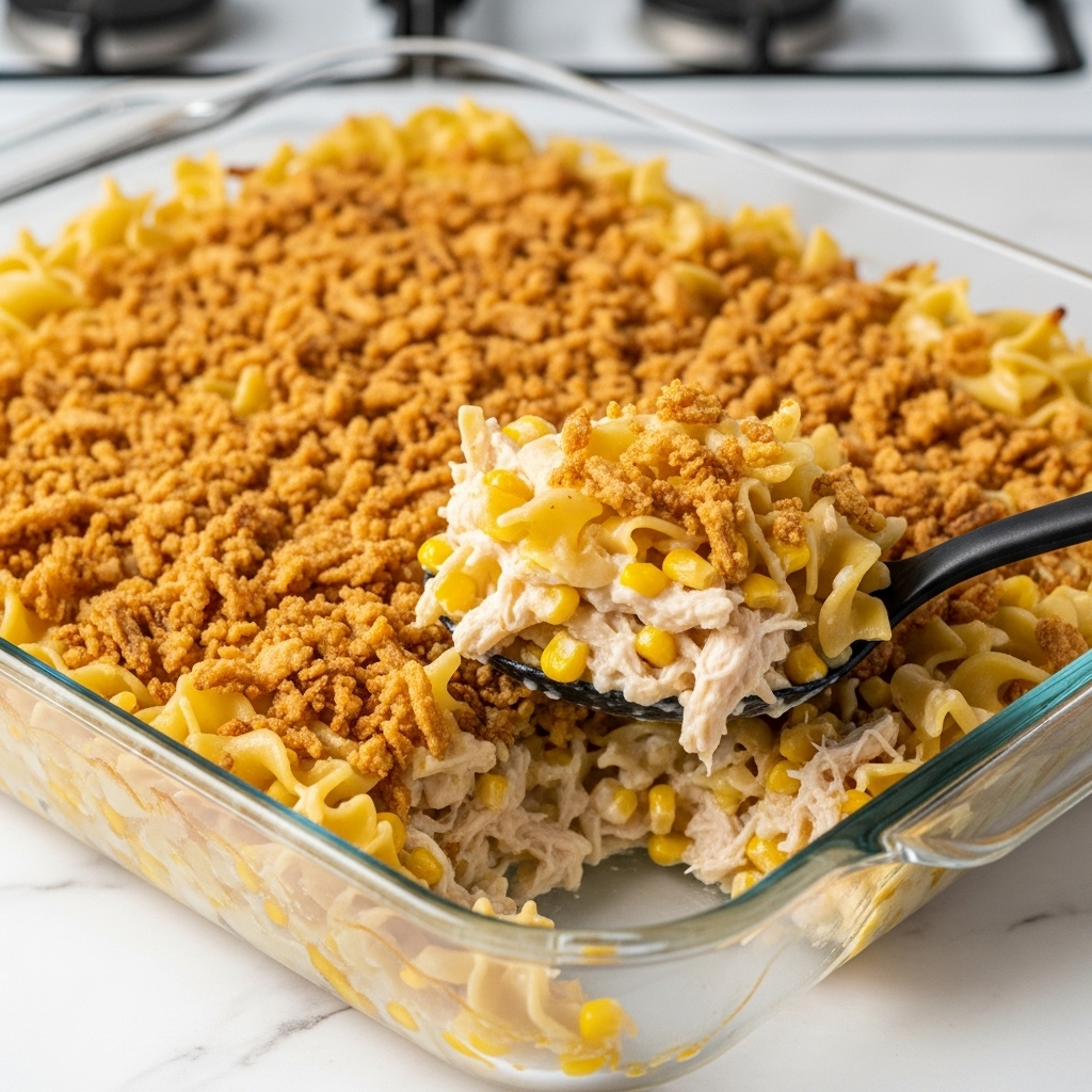 A clear glass baking dish filled with a creamy casserole made of shredded chicken, corn kernels, and egg noodles mixed in a thick white sauce. The top layer is covered with crispy, golden-brown fried onions scattered evenly for texture and color contrast. A black serving spoon scoops up a portion from one corner, showing the mixture's soft, cheesy, and slightly browned parts beneath the crunchy topping. The dish is placed on a white marbled surface with a white stovetop in the blurred background, emphasizing the warm, homemade meal. Photo taken with an iphone --ar 4:5 --v 7