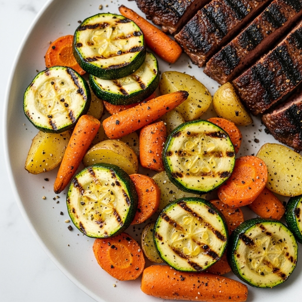 The image shows a close-up of a white plate filled with colorful roasted vegetables and a portion of grilled meat. The vegetables include round slices of green zucchini with light grill marks, orange chunks of carrots, and yellowish pieces of potatoes, all sprinkled with black pepper and herbs. The vegetables have a slightly shiny, roasted texture and are arranged in a loose pile that covers most of the plate's surface. On the top right corner, a piece of grilled meat with a dark brown, charred surface is visible, offering a contrast in color and texture to the vegetables. The plate is placed on a white marbled surface. photo taken with an iphone --ar 4:5 --v 7