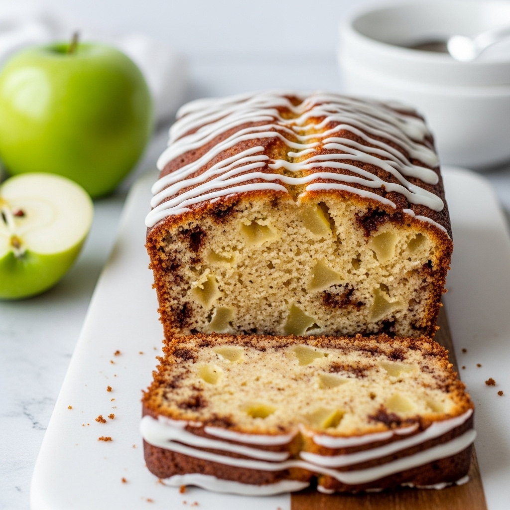 A sliced loaf cake sits on a wooden board with a white marbled surface underneath. The cake has a dense, moist texture with visible chunks of apples spread throughout its light golden interior. The top of the cake has a darker layer with cinnamon swirls and is drizzled evenly with white icing, creating a thin, glossy pattern over the surface. In the background, there is a whole green apple and a white bowl with a spoon, softly blurred. Half of a green apple is placed in the foreground, slightly out of focus. The overall scene is bright with soft natural light. Photo taken with an iphone --ar 4:5 --v 7